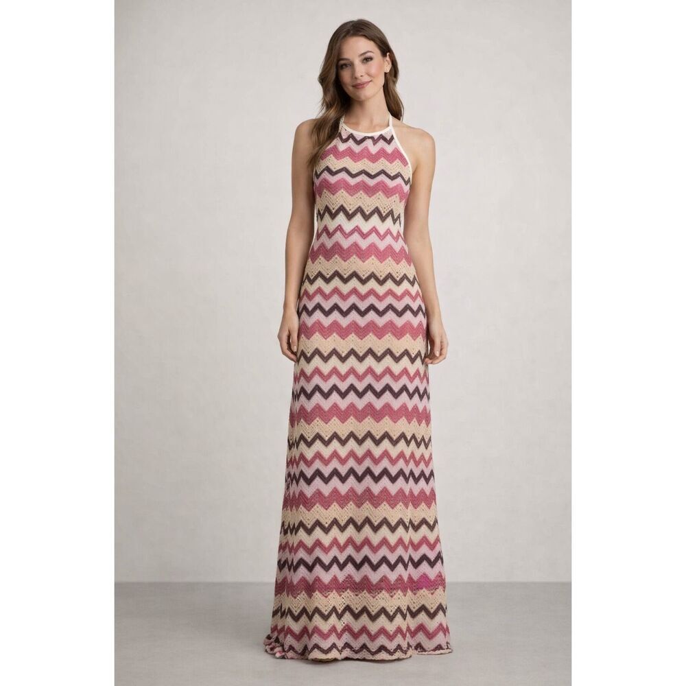 No Comment Pink Chevron Halter Maxi Dress Boho Size M